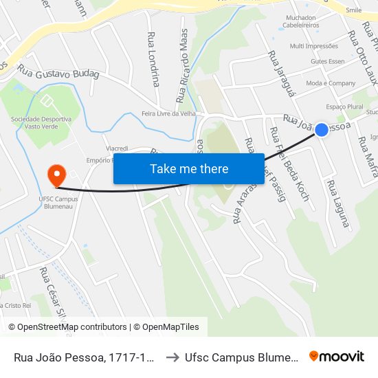 Rua João Pessoa, 1717-1799 to Ufsc Campus Blumenau map