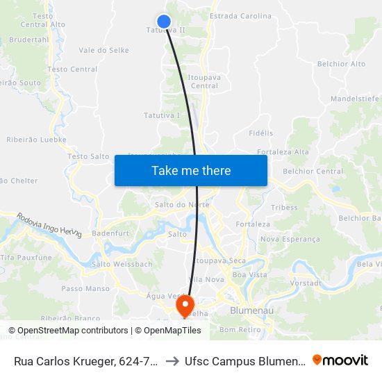 Rua Carlos Krueger, 624-730 to Ufsc Campus Blumenau map
