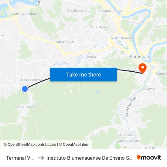 Terminal Velha to Instituto Blumenauense De Ensino Superior map