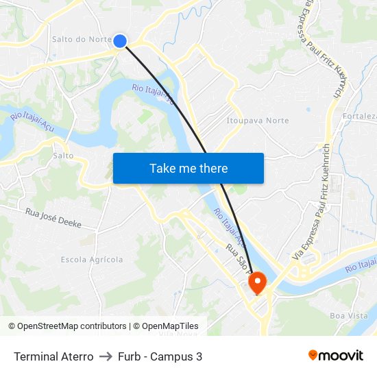 Terminal Aterro to Furb - Campus 3 map