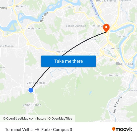 Terminal Velha to Furb - Campus 3 map