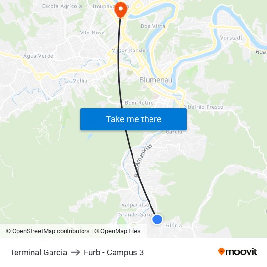 Terminal Garcia to Furb - Campus 3 map