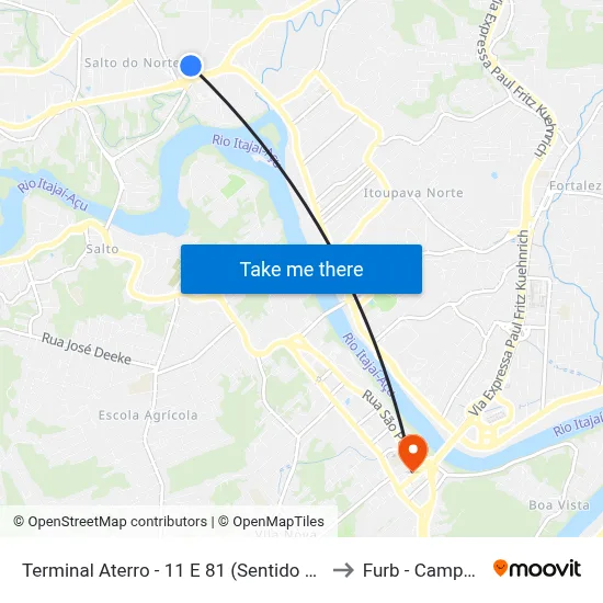 Terminal Aterro - 11 E 81 (Sentido Fonte) to Furb - Campus 3 map