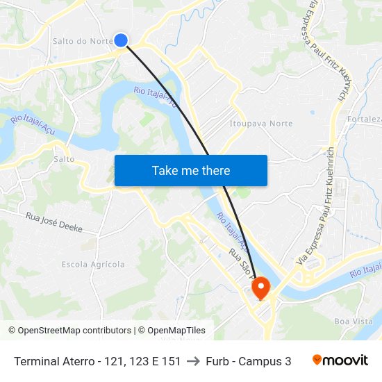 Terminal Aterro - 121, 123 E 151 to Furb - Campus 3 map