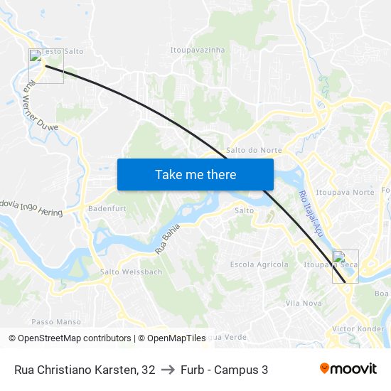 Rua Christiano Karsten, 32 to Furb - Campus 3 map