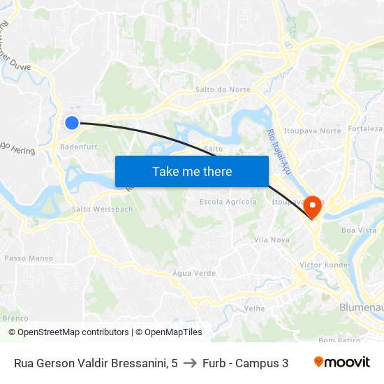 Rua Gerson Valdir Bressanini, 5 to Furb - Campus 3 map