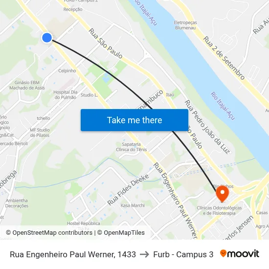 Rua Engenheiro Paul Werner, 1433 to Furb - Campus 3 map