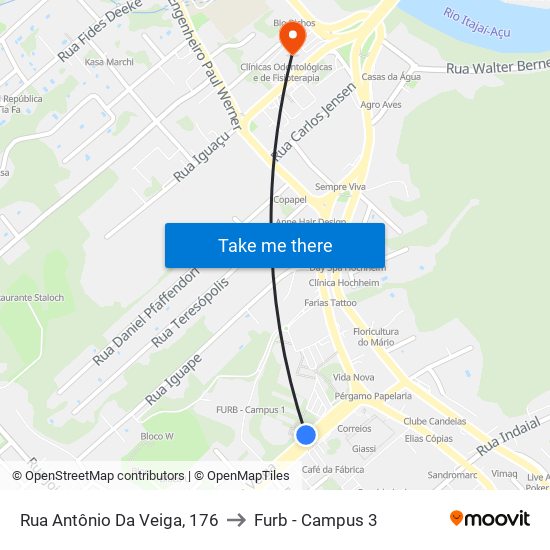 Rua Antônio Da Veiga, 176 to Furb - Campus 3 map