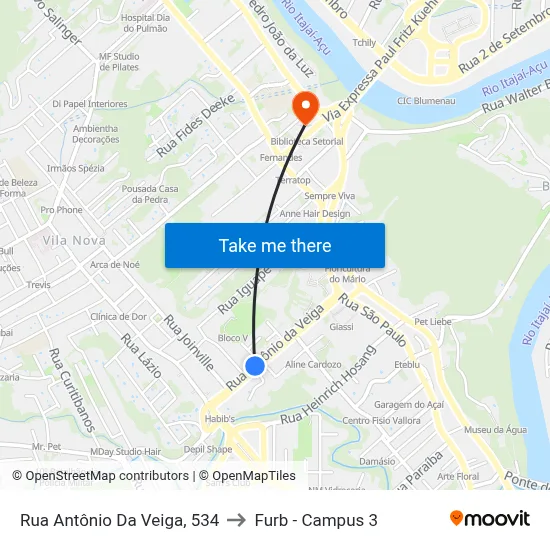 Rua Antônio Da Veiga, 534 to Furb - Campus 3 map