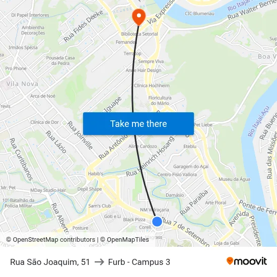 Rua São Joaquim, 51 to Furb - Campus 3 map