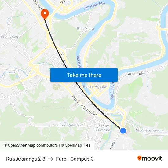 Rua Araranguá, 8 to Furb - Campus 3 map