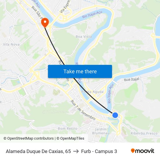 Alameda Duque De Caxias, 65 to Furb - Campus 3 map