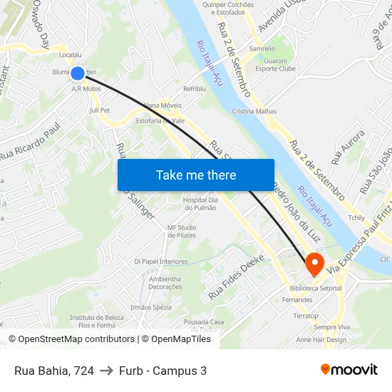Rua Bahia, 724 to Furb - Campus 3 map