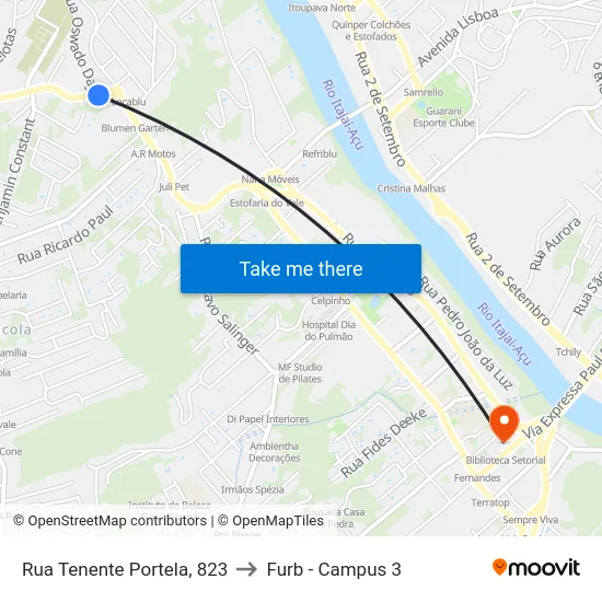 Rua Tenente Portela, 823 to Furb - Campus 3 map