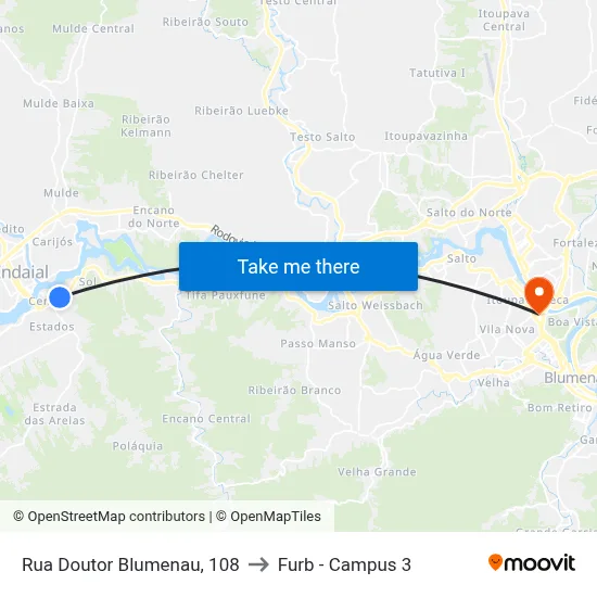 Rua Doutor Blumenau, 108 to Furb - Campus 3 map