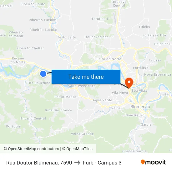 Rua Doutor Blumenau, 7590 to Furb - Campus 3 map