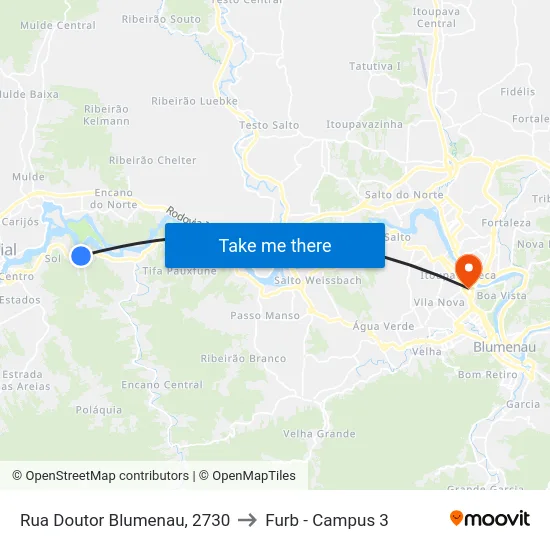 Rua Doutor Blumenau, 2730 to Furb - Campus 3 map