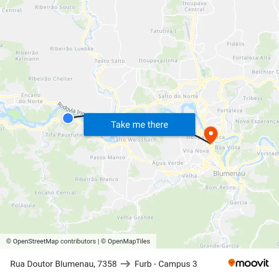 Rua Doutor Blumenau, 7358 to Furb - Campus 3 map