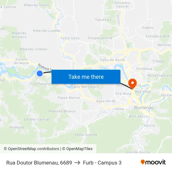 Rua Doutor Blumenau, 6689 to Furb - Campus 3 map