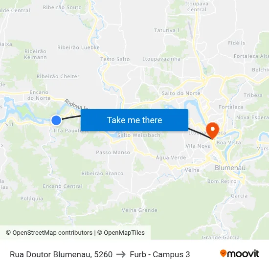 Rua Doutor Blumenau, 5260 to Furb - Campus 3 map