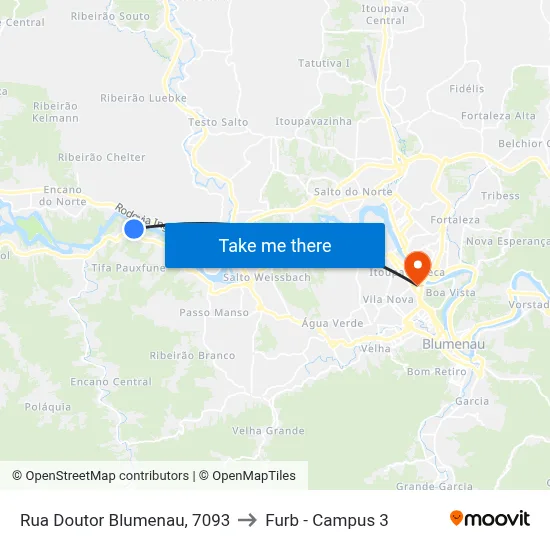Rua Doutor Blumenau, 7093 to Furb - Campus 3 map