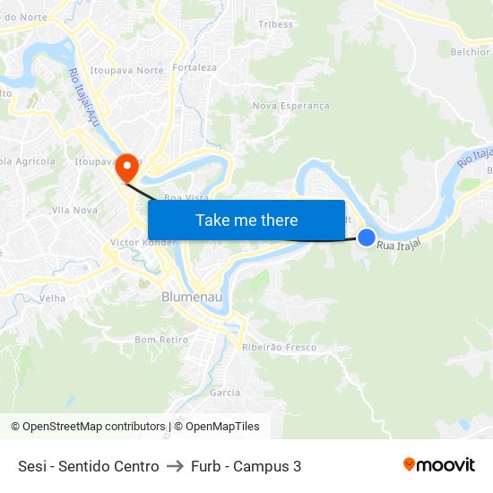 Sesi - Sentido Centro to Furb - Campus 3 map