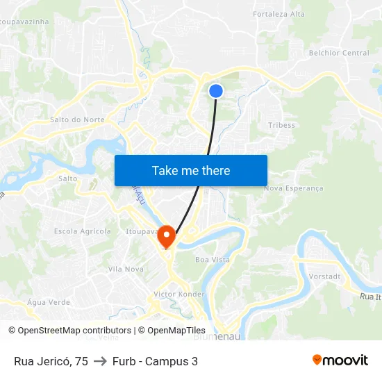 Rua Jericó, 75 to Furb - Campus 3 map