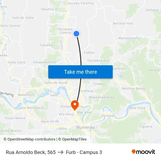 Rua Arnoldo Beck, 565 to Furb - Campus 3 map