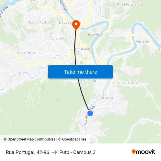 Rua Portugal, 42-96 to Furb - Campus 3 map