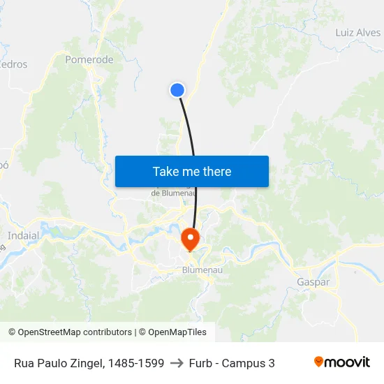 Rua Paulo Zingel, 1485-1599 to Furb - Campus 3 map