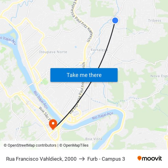 Rua Francisco Vahldieck, 2000 to Furb - Campus 3 map