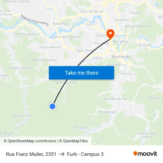 Rua Franz Muller, 2351 to Furb - Campus 3 map