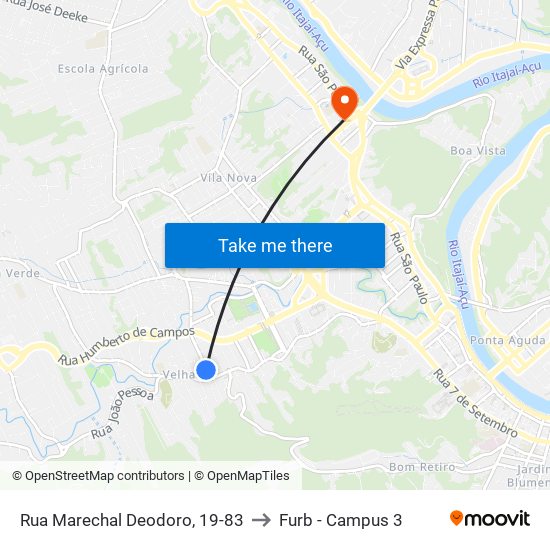 Rua Marechal Deodoro, 19-83 to Furb - Campus 3 map