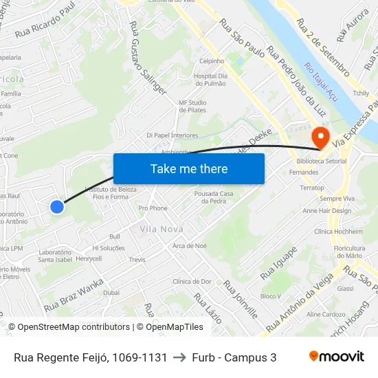 Rua Regente Feijó, 1069-1131 to Furb - Campus 3 map