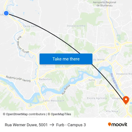 Rua Werner Duwe, 5001 to Furb - Campus 3 map