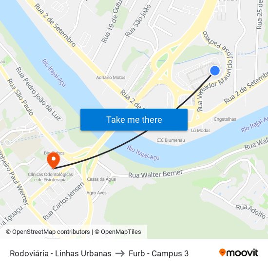Rodoviária - Linhas Urbanas to Furb - Campus 3 map