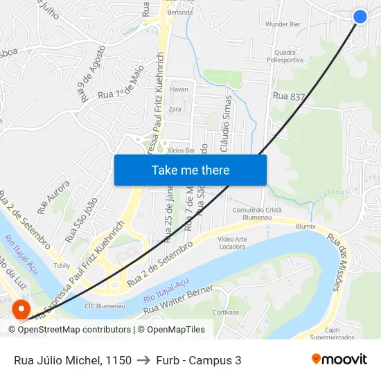 Rua Júlio Michel, 1150 to Furb - Campus 3 map