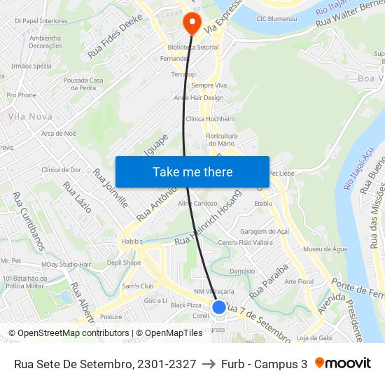 Rua Sete De Setembro, 2301-2327 to Furb - Campus 3 map