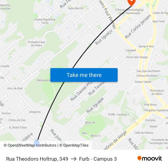 Rua Theodoro Holtrup, 349 to Furb - Campus 3 map