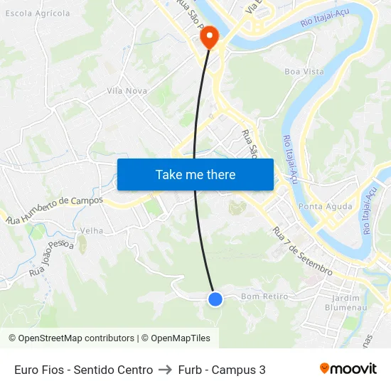 Euro Fios - Sentido Centro to Furb - Campus 3 map