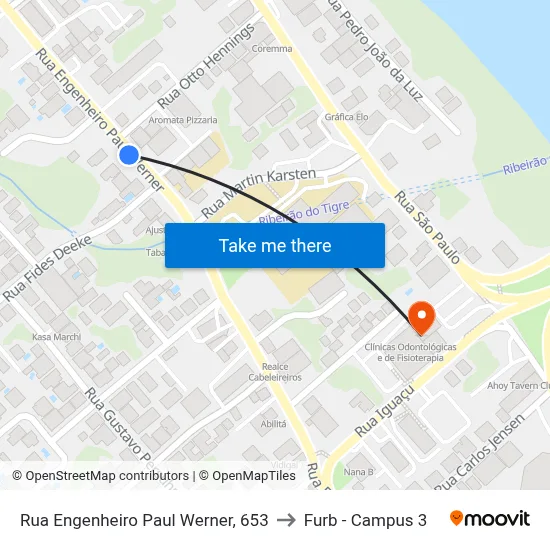 Rua Engenheiro Paul Werner, 653 to Furb - Campus 3 map