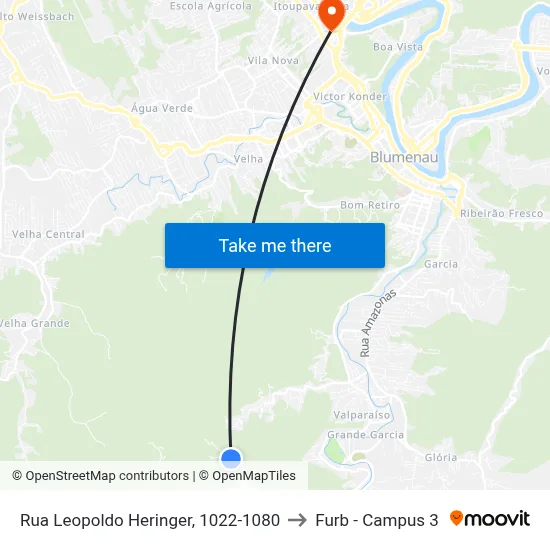 Rua Leopoldo Heringer, 1022-1080 to Furb - Campus 3 map