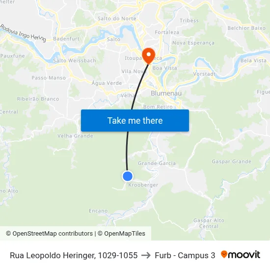 Rua Leopoldo Heringer, 1029-1055 to Furb - Campus 3 map