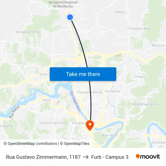 Rua Gustavo Zimmermann, 1187 to Furb - Campus 3 map