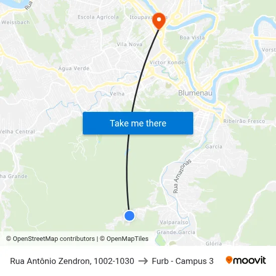 Rua Antônio Zendron, 1002-1030 to Furb - Campus 3 map