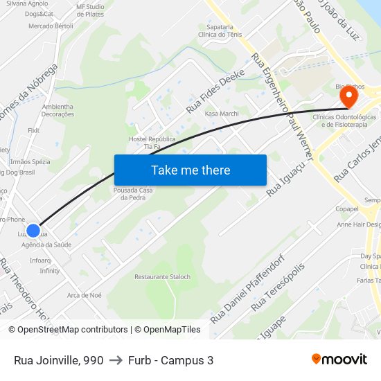 Rua Joinville, 990 to Furb - Campus 3 map