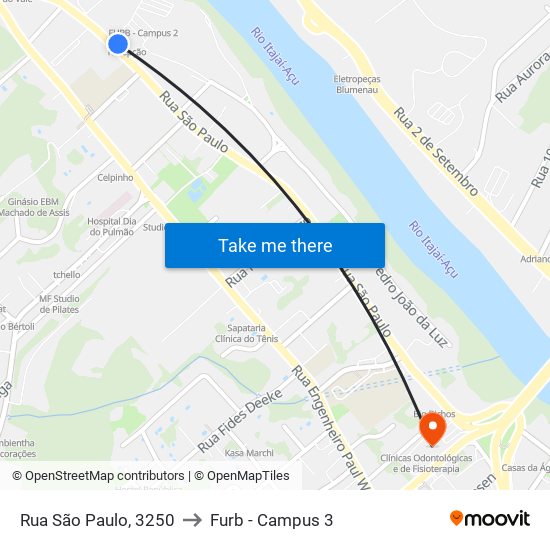 Rua São Paulo, 3250 to Furb - Campus 3 map