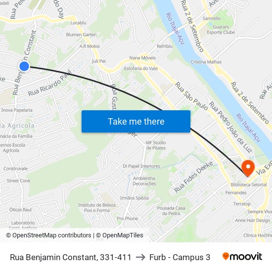 Rua Benjamin Constant, 331-411 to Furb - Campus 3 map