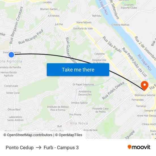 Ponto Cedup to Furb - Campus 3 map