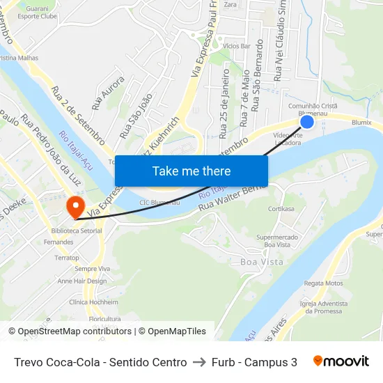 Trevo Coca-Cola - Sentido Centro to Furb - Campus 3 map
